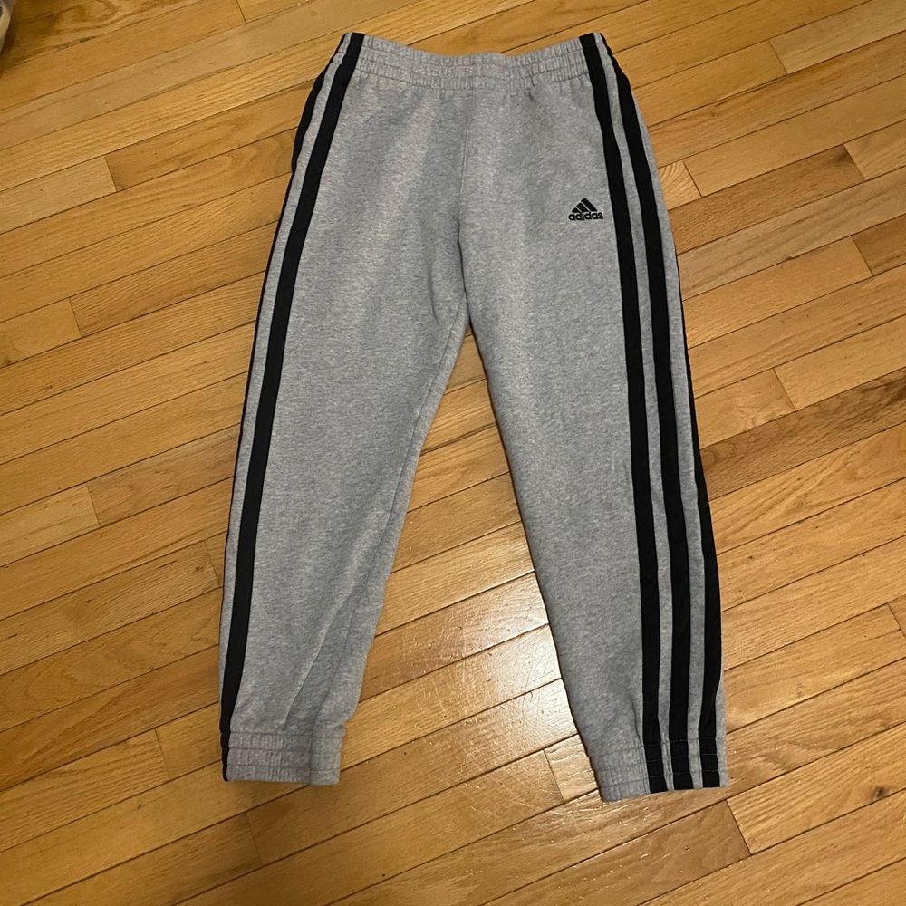 adidas Kids Gray Joggers with Black Triple Stripes